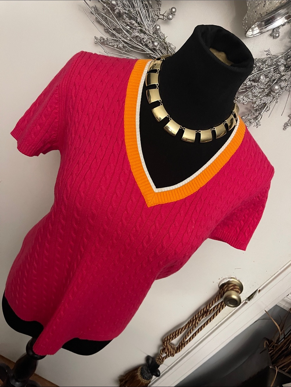 Tommy Hilfiger V-Neck Cable Knit Sweater in Hot Pink with Orange & White Trim - Picture 3 of 6